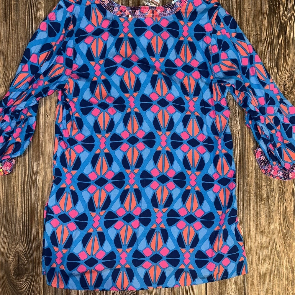 Escapada Living Beaded Blue Mosaic Tunic Coastal Sapphire 3/4 Sleeve Sz Medium - Picture 5 of 11